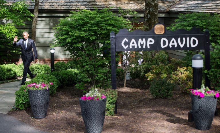 President Barack Obama walks out to speak to members of the media after meeting with Gulf Cooperation Council leaders and delegations at Camp David in Maryland, Thursday, May 14, 2015. (AP Photo)