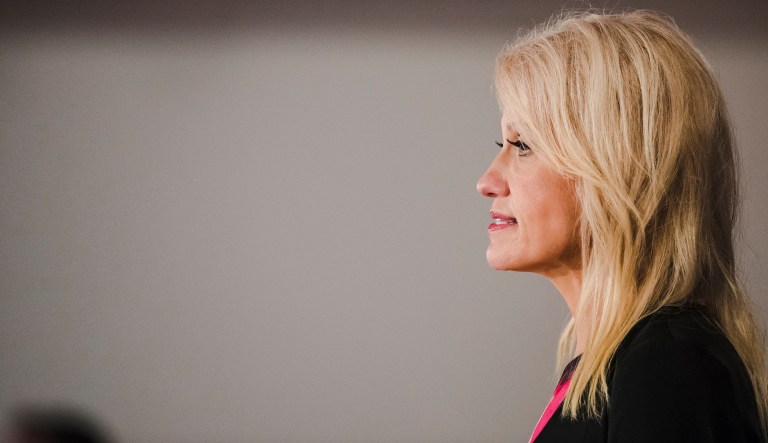 Counselor to the president Kellyanne Conway on Wednesday affirmed President Trump's endorsement of Alabama GOP Senate candidate Roy Moore. A former Ethics official says that was a violation of federal law. (AP Photo/Matt Rourke)