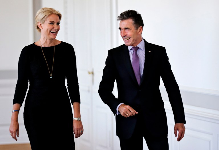 NATO Secretary General Anders Fogh Rasmussen meets Danish Prime Minister Helle Thorning-Schmidt, left, during his official visit to Denmark on Friday, Aug. 15, 2014. (AP Photo/POLFOTO, Jens Dresling)  DENMARK OUT