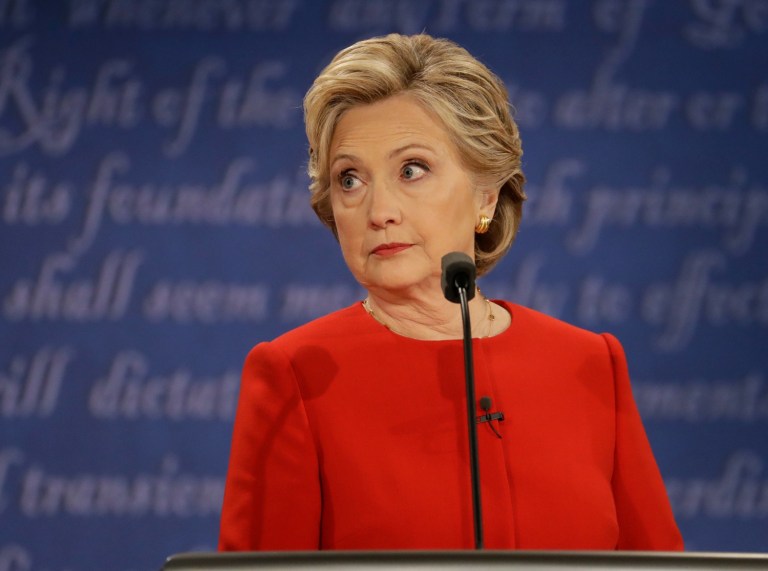 We were only a minute or so into the debate before Democratic presidential nominee Hillary Clinton uttered her first fabrication by implying we don't already guarantee equal pay for women. (AP Photo/Julio Cortez)