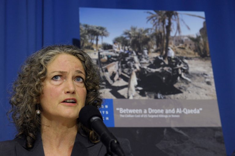 Letta Tayler, senior counterterrorism researcher at Human Rights Watch talks about the findings of two new reports, by Amnesty International and Human Rights Watch on US drone strikes and other air strikes in Pakistan and Yemen, Tuesday, Oct. 22, 2013, during a news conference at the National Press Club in Washington.  (AP Photo/Susan Walsh)