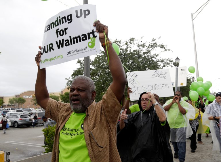The union-backed group OUR Walmart said Friday its largest protests against the retailer on the day after Thanksgiving will occur at 10 locations nationally. (AP Photo)