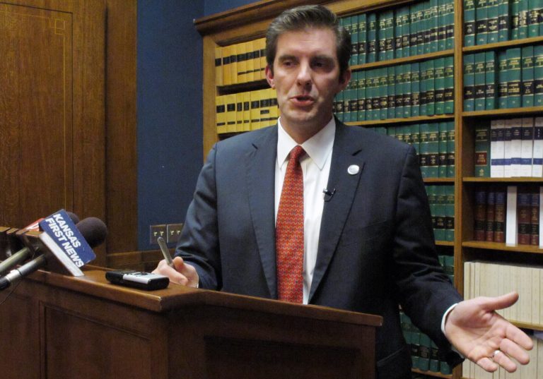 Shawnee County, Kan., District Attorney Chad Taylor answers questions from reporters about his decision to run for the U.S. Senate during a news conference, Feb. 28, 2014, in Topeka, Kan. Taylor is the first Democratic candidate in the race. (AP Photo/John Hanna)