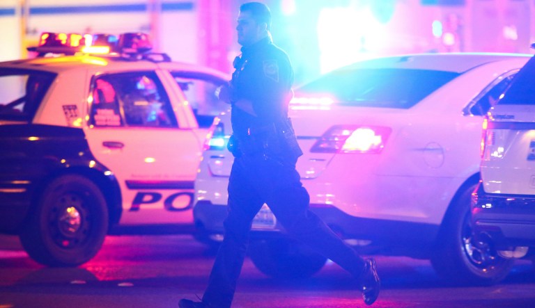 Las Vegas police respond during an active shooter situation on the Las Vegas Strip near Tropicana Avenue in Las Vegas Sunday, Oct. 1, 2017. Multiple victims were being transported to hospitals after a shooting late Sunday at a music festival on the Las Vegas Strip. (Chase Stevens/Las Vegas Review-Journal via AP)