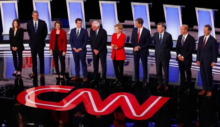 From left, Marianne Williamson, Rep. Tim Ryan, D-Ohio, Sen. Amy Klobuchar, D-Minn., South Bend Mayor Pete Buttigieg, Sen. Bernie Sanders, I-Vt., Sen. Elizabeth Warren, D-Mass., former Texas Rep. Beto O'Rourke, former Colorado Gov. John Hickenlooper, former Maryland Rep. John Delaney and Montana Gov. Steve Bullock take the stage for the first of two Democratic presidential primary debates.
