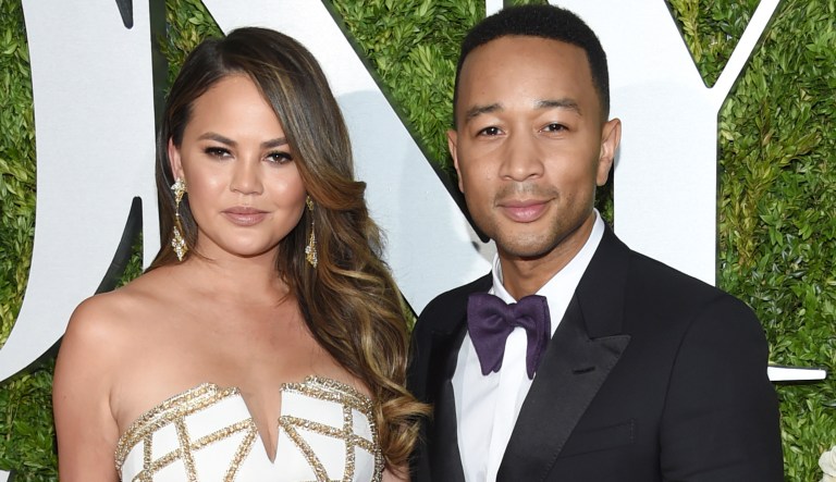 Chrissy Teigen, left and John Legend arrive at the 71st annual Tony Awards in New York.