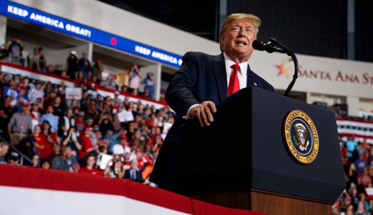 President Donald Trump speaks during a campaign rally at the Santa Ana Star Center, Monday, Sept. 16, 2019, in Rio Rancho, N.M.