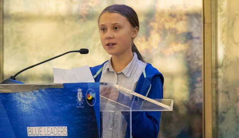 Swedish climate activist Greta Thunberg speaks during a Blue Leaders breakfast 
