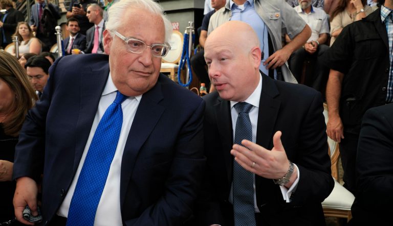 U.S. Ambassador to Israel David Friedman, left, and White House Mideast envoy Jason Greenblatt attend the opening of an ancient road at the City of David.