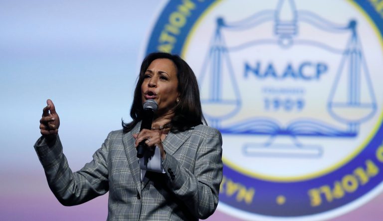 Sen. Kamala Harris speaks during a candidates forum at the 110th NAACP National Convention in Detroit. 