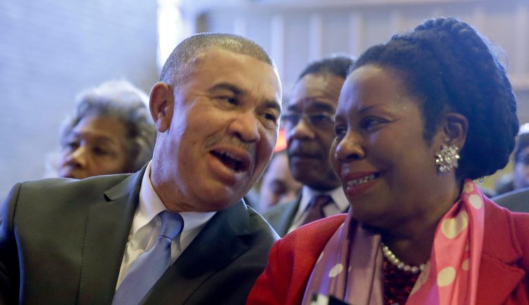 U.S. Rep. William Lacy Clay, left, talks with fellow Congressional Black Caucus member Rep. Shelia Jackson-Lee.