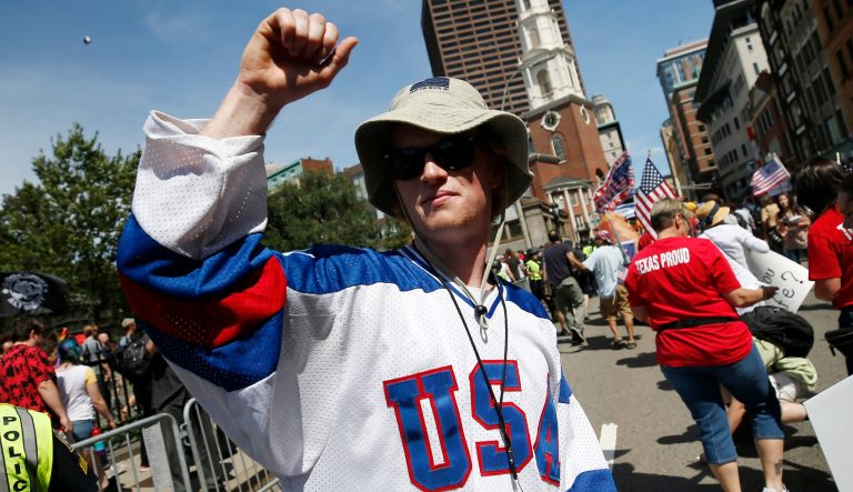People march in the Straight Pride Parade in Boston, Saturday, Aug. 31, 2019.