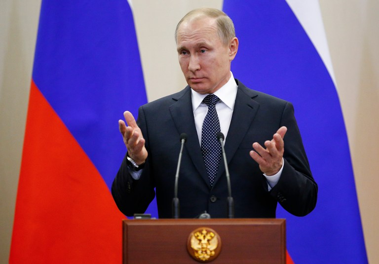 Russian President Vladimir Putin gestures as he speaks to the media after his talks with German Chancellor Angela Merkel at Putin's residence in the Russian Black Sea resort of Sochi, Russia, Tuesday, May 2, 2017. (AP Photo/Alexander Zemlianichenko, Pool)