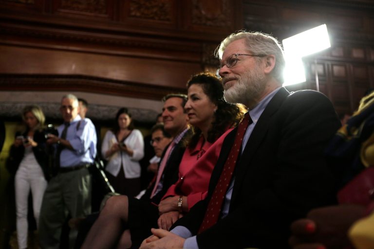 Sen. Diane Savino, D-Staten Island, left, and Assemblyman Richard Gottfried, D-Manhattan, listen to a speaker during a news conference announcing an agreement on legislation legalizing medical marijuana in New York in the Red Room at the Capitol on Thursday, June 19, 2014, in Albany, N.Y. A vote on the legislation is expected Thursday night when the legislative session is scheduled to end.  Savino and Gottfried sponsored the legislation in their respective houses. (AP Photo/Mike Groll)