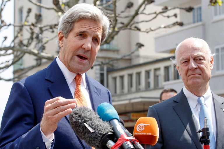 U.S. Secretary of State John Kerry, left, and the UN Special Envoy for Syria Staffan de Mistura, speak to the media after their meeting on Syria. (Salvatore Di Nolfi/Keystone via AP)