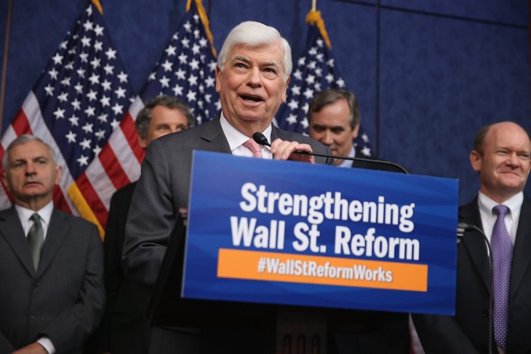 Former Sen. Chris Dodd, D-Conn., celebrates the fifth anniversary of the Dodd-Frank Wall Street Reform and Consumer Protection Act at the U.S. Capitol Visitors Center July 21, 2015 in Washington, D.C. (Photo by Chip Somodevilla/Getty Images)