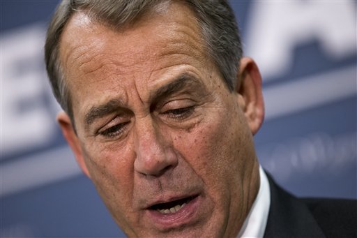 Speaker of the House John Boehner, R-Ohio, joined by the Republican leadership speaks to reporters about the fiscal cliff negotiations with President Obama following a closed-door strategy session, at the Capitol in Washington, Tuesday, Dec. 18, 2012.  (AP Photo/J. Scott Applewhite)
