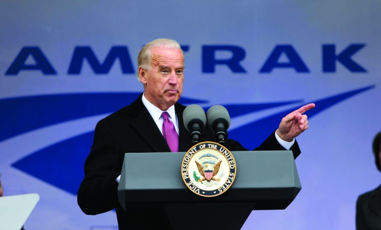 FILE - In this March 13, 2009 file photo, Vice President Joe Biden announces funding for Amtrak, at Union Station in Washington. Warning to Amtrak from Mitt Romney and Republicans: You're on your own. The platform Republicans adopted at their convention includes a call for full privatization and an end to subsidies for the nation's passenger rail operator, which gobbled up almost $1.5 billion in federal funds last year. (AP Photo/Pablo Martinez Monsivais, File)