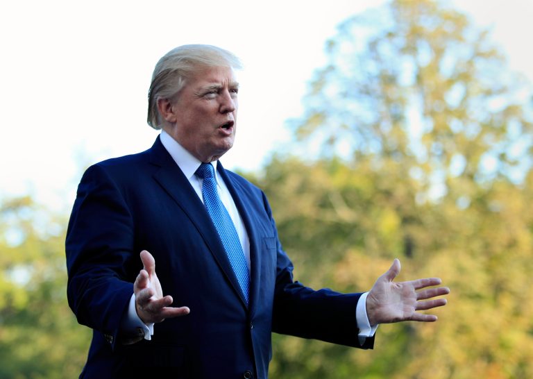 President Donald Trump speaks to reporters upon his return to the White House in Washington, Sunday, Sept. 24, 2017. Citizens of eight countries will face new restrictions on entry to the U.S. under a proclamation signed by Trump on Sunday. (AP Photo/Manuel Balce Ceneta)