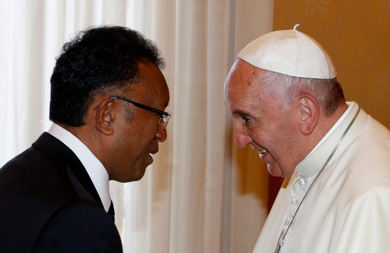 Pope Francis meets with President of Madagascar Hery Rajoanarimampianina at the Vatican, Saturday, June 28, 2014. In his first appearance after he canceled a planned visit to one of Rome's main hospitals Friday, the third time this month the 77-year-old has skipped or scaled back an event due to illness or fatigue. (AP Photo/Riccardo de Luca)