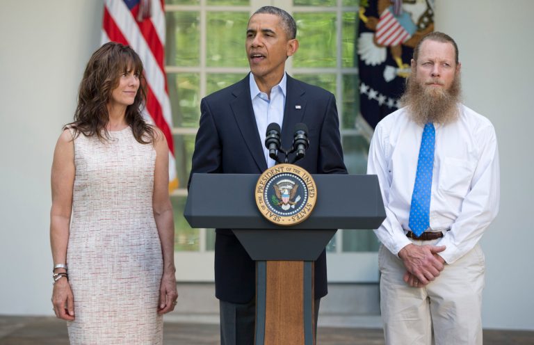 President Obama stands with the parents ofÂ Army Sgt. Bowe Bergdahl May 31, 2014, to announce his release. Bergdahl wasÂ freed by the TalibanÂ in exchange for the release of five Afghan prisoners. (AP File Photo)