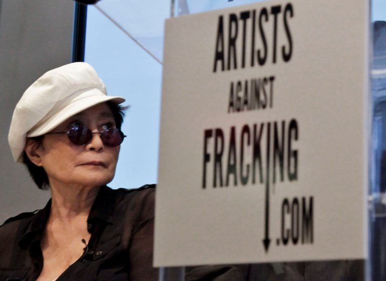 Yoko Ono appears at a news conference to launch Artists Against Fracking on Wednesday, Aug. 29, 2012 in New York. (AP Photo/Bebeto Matthews)