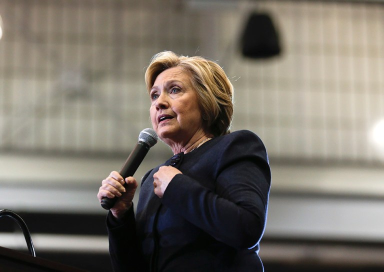 Democratic presidential candidate Hillary Clinton speaks during a rally at Cohoes High School on Monday, April 4, 2016, in Cohoes, N.Y. (AP Photo/Mike Groll)