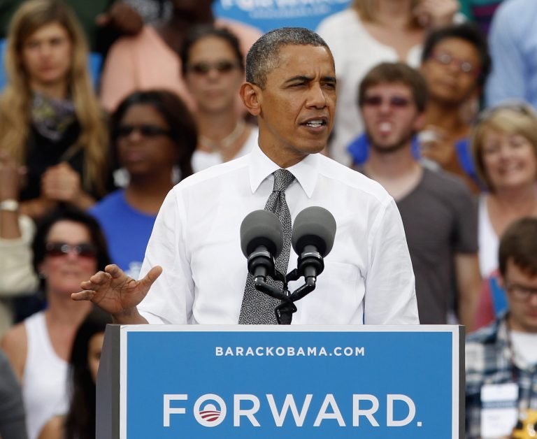 COLUMBUS, OH - SEPTEMBER 17:  U.S. President Barack Obama speaks to supporters on September 17, 2012 in Columbus, Ohio.  President Obama spent the day in Ohio campaigning in Cincinnati and Columbus.  (Photo by Matt Sullivan/Getty Images)