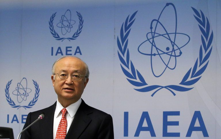 Director General of the International Atomic Energy Agency, IAEA, Yukiya Amano of Japan addresses the media during a news conference after a meeting of the IAEA board of governors at the International Center, in Vienna, Austria, Friday, Jan. 24, 2014. (AP Photo/Ronald Zak)