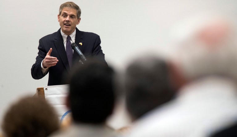 Republican Assemblyman Jay Webber speaks during a candidate forum, Tuesday, Oct. 9, 2018, in Whippany, N.J.