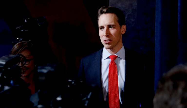 Missouri Senate candidate Josh Hawley talks to the media after a debate against incumbent Democratic Sen. Claire McCaskill Thursday, Oct. 25, 2018, in Kansas City, Mo.