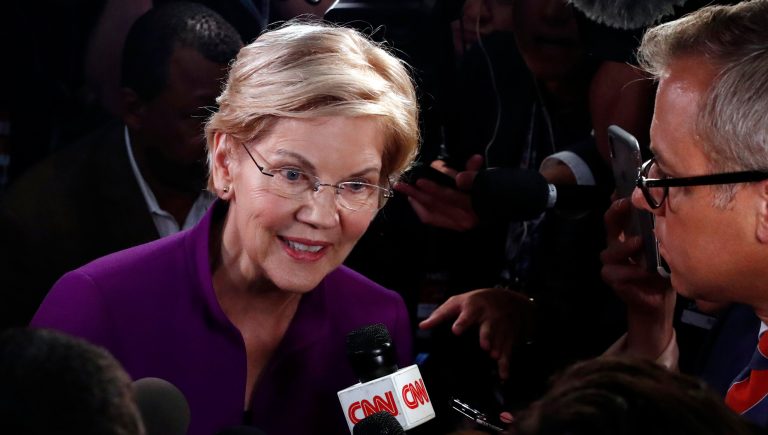 Democratic presidential candidate Sen. Elizabeth Warren, D-Mass., answers questions after a Democratic primary debate hosted by NBC News at the Adrienne Arsht Center for the Performing Arts, Wednesday, June 26, 2019, in Miami.