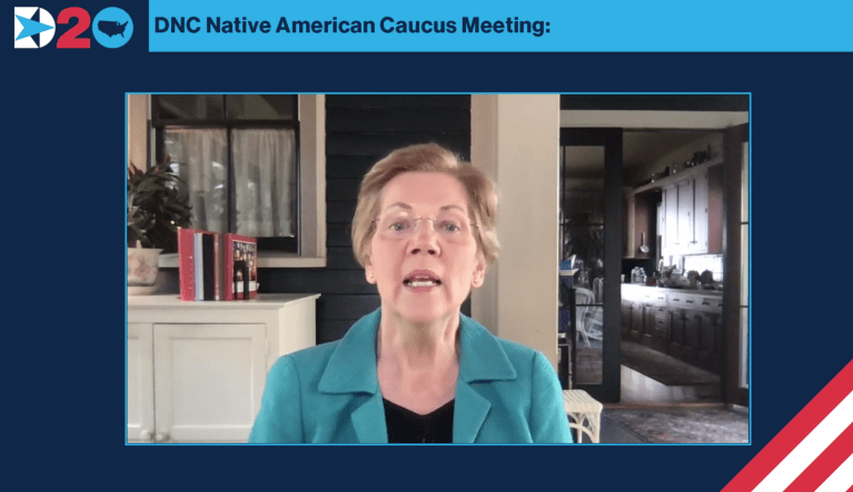 Massachusetts Sen. Elizabeth Warren speaks at a Native American Caucus meeting at the 2020 Democratic National Convention on Aug. 18, 2020.