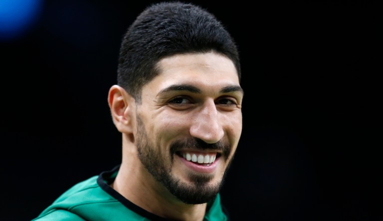 Boston Celtics' Enes Kanter warms up before a preseason NBA basketball game against the Charlotte Hornets in Boston, Sunday, Oct. 6, 2019.