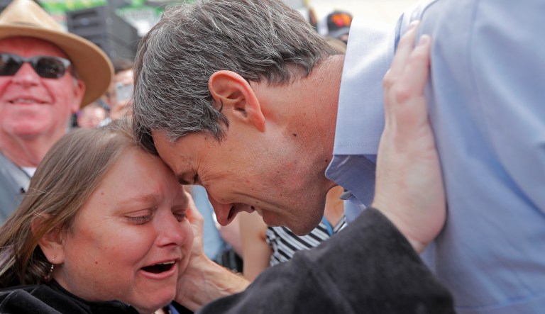 Democratic presidential candidate and former Texas congressman Beto O'Rourke hugs his younger sister Erin O'Rourke after speaking at his presidential campaign kickoff in El Paso, Texas, Saturday, March 30, 2019.