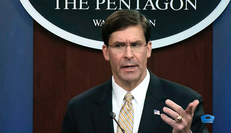 In this image from video, Secretary of Defense Mark Esper talks to the press on Iran and Iraq, Tuesday, Jan. 7, 2020, at the Pentagon in Washington.