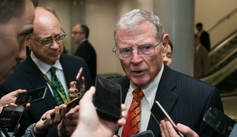 Sen. Jim Inhofe, R-Okla., is questioned by reporters on Capitol Hill in D.C.