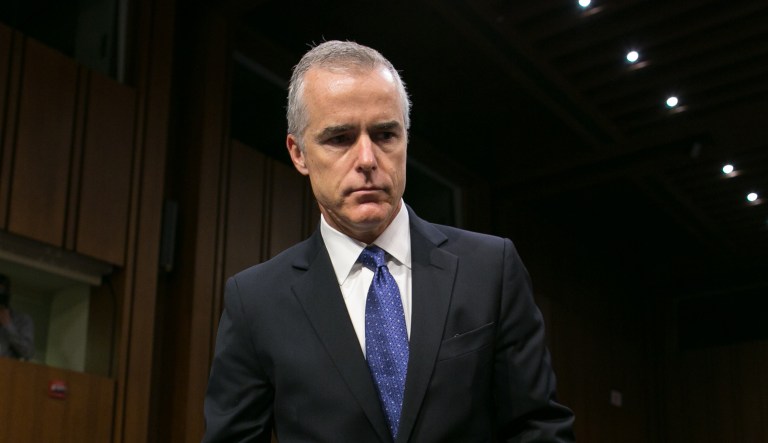 Acting FBI Director Andrew McCabe arrives at a Senate Intelligence Committee hearing on Capitol Hill in May. McCabe stepped down in January and went on âterminal leaveâ until he could retire and be eligible for full pension this month.