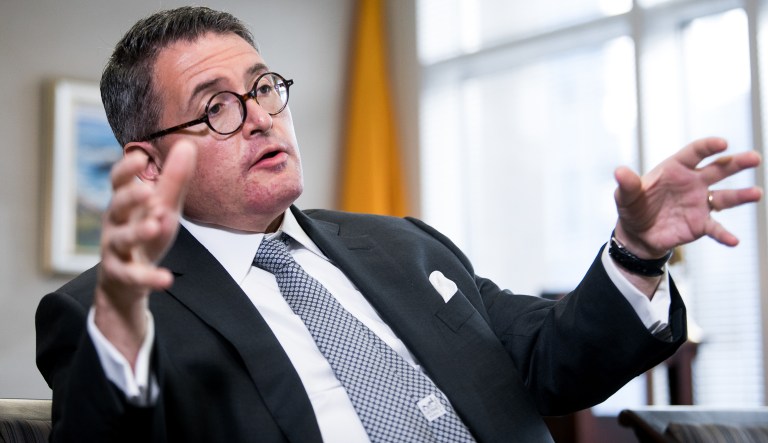Leonard Leo, then-executive vice president of the Federalist Society for Law and Public Policy, takes questions from the Washington Examiner during an interview at his office in Washington, on Friday, Jan. 19, 2018.