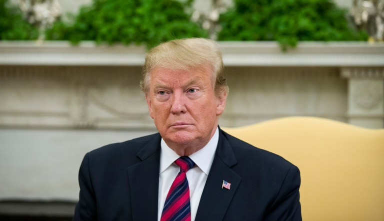 President Donald Trump pauses while speaking during a meeting with Slovak Prime Minister Peter Pellegrini in the Oval Office of the White House, Friday, May 3, 2019, in Washington.