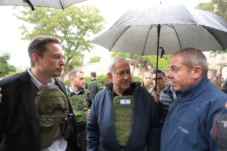 Elon Musk (left) visits Israel and meets with leaders, including Prime Minister Benjamin Netanyahu (center). Musk traveled to some of the communities where the Oct. 7 terrorist attacks took place.