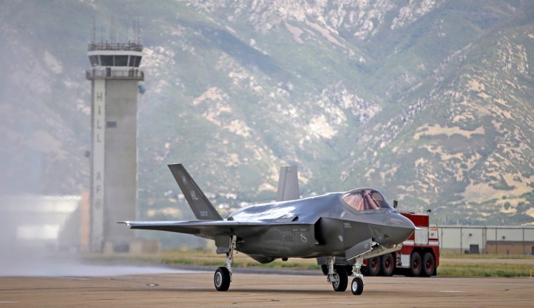 This Sept. 2, 2015, file photo shows an F-35 jet arriving at its new operational base at Hill Air Force Base in Utah.