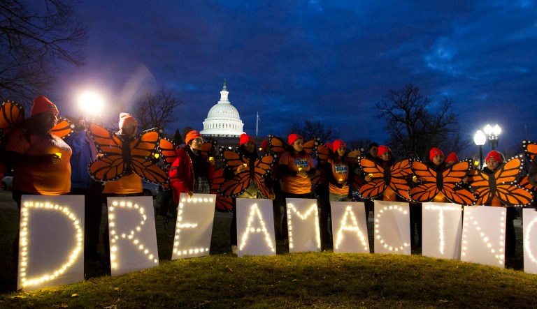 Demonstrators rally in support of Deferred Action for Childhood Arrivals program outside the Capitol. Democrats have been seeking a deal to protect the 