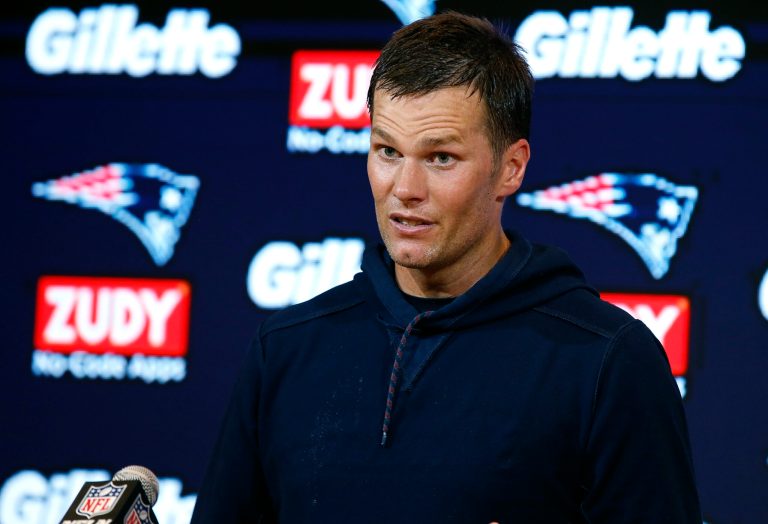 New England Patriots quarterback Tom Brady speaks to the media following an NFL football game against the Houston Texans, Sunday, Sept. 24, 2017, in Foxborough, Mass. (AP Photo/Michael Dwyer)