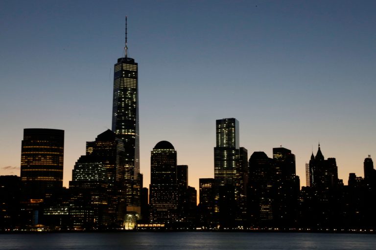 One World Trade Center dominates the lower Manhattan skyline, Monday, Nov. 3, 2014 in this view from Jersey City, N.J. (AP/Mark Lennihan)