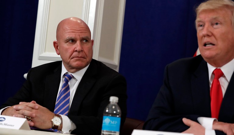 National Security Adviser H.R. McMaster listens as President Donald Trump speaks during a security briefing, Thursday, August 10, 2017, at Trump National Golf Club in Bedminster, N.J. (AP Photo/Evan Vucci)