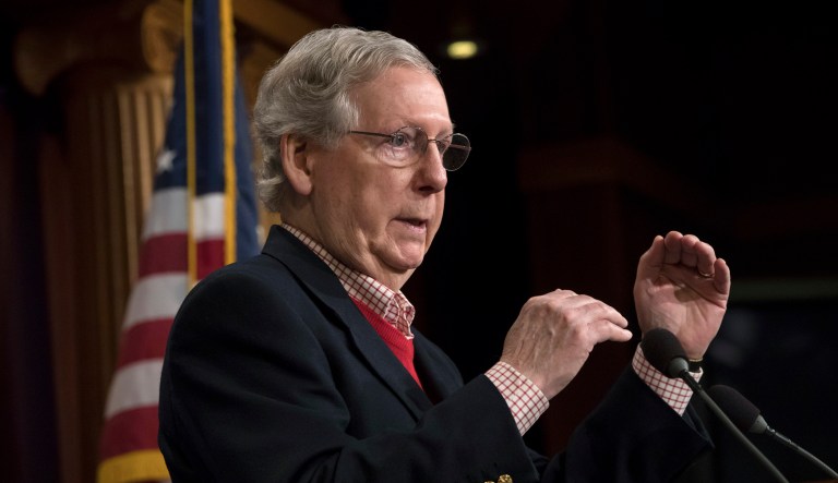 Senate Majority Leader Mitch McConnell, R-Ky., discusses the GOP agenda for next year and touts his accomplishments in the first year of the Trump administration. (AP Photo/J. Scott Applewhite)