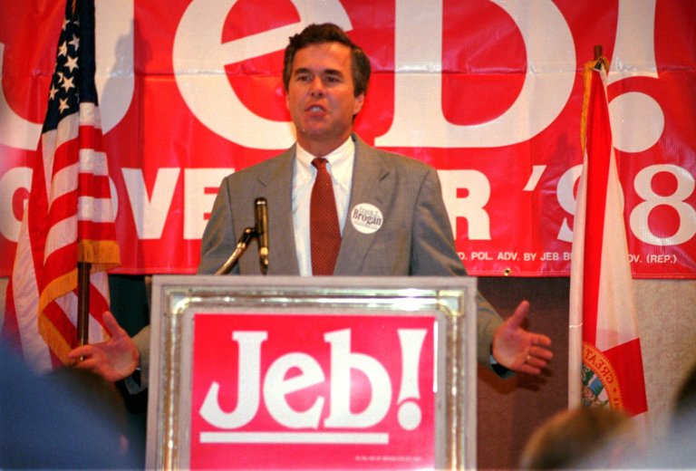 Then-Republican gubernatorial candidate Jeb Bush speaks at the Republican Party of Florida's annual meeting, Saturday, Jan. 24, 1998, in Orlando, Fla. (AP Photo/The Orlando Sentinel, Frank Rivera)