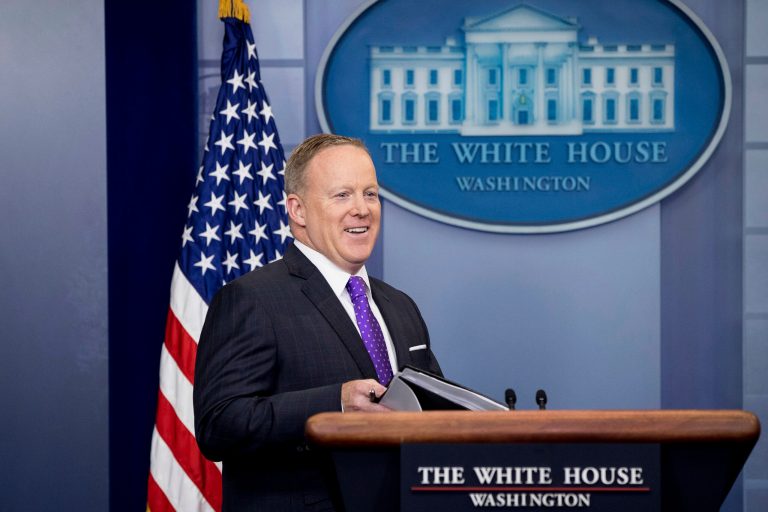 White House press secretary Sean Spicer arrives for the daily press briefing at the White House in Washington, Thursday, April 27, 2017. (AP Photo/Andrew Harnik)