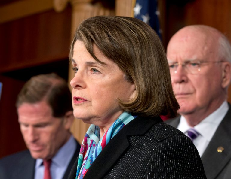 Sen. Dianne Feinstein, D-Calif., center, joined by Senate Judiciary Committee Chairman Patrick Leahy, D-Vt., right, and Sen. Richard Blumenthal, D-Conn., speaks to reporters after Senate Republicans derailed President Barack Obama's selection of Georgetown University law professor Cornelia Pillard to fill one of three vacancies on the U.S. Court of Appeals for the District of Columbia Circuit, at the Capitol in Washington, Tuesday, Nov. 12, 2013. Democrats used the vote to assail Republicans for opposing female nominees to the D.C. circuit. (AP Photo/J. Scott Applewhite)